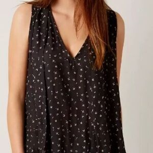 Free People Black V-Neck Top with Bird Pattern